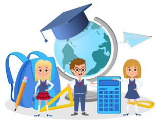 Children and school.Children are getting ready to go to school and are standing near a large briefcase and a globe .Vector illustration.