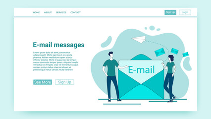 E-mail messages.People are sending messages against the background of a large envelope.An illustration in the style of a green landing page.