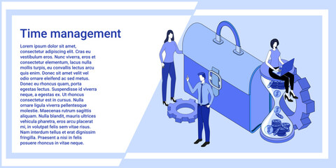 Time management.Time control and financial investments.An illustration in the style of the landing page is blue.