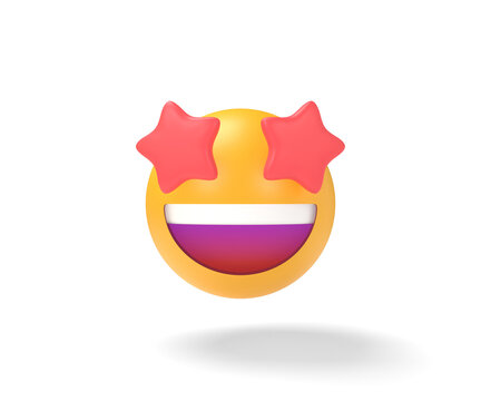 Starry Eyed Emoji Icon. Red Stars For Eyes Excited Emoticon With Open Smile 3D Illustration