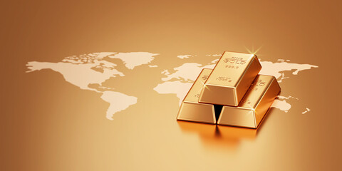 Global investment business gold bar world finance economy on wealth market 3d background with international golden currency financial or foreign exchange price and success money profit rich symbol.