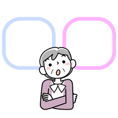 腕組みをして考えるシニア女性の上半身とフキダシ
