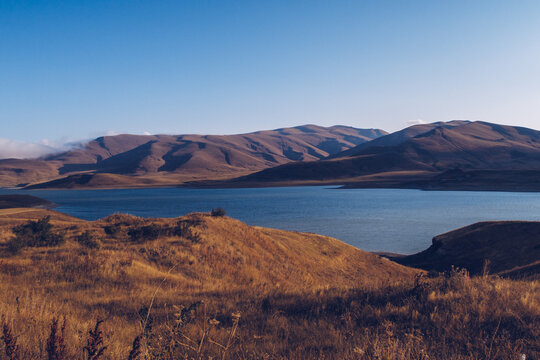 Beautiful autumn sunset view of Sevan lake, Sevan, Armenia