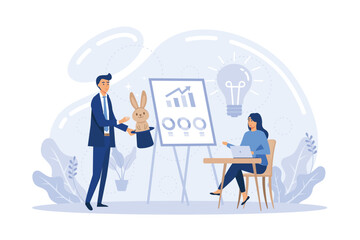 Marketing Trick and Business Magic. Businessman and Businesswoman Characters Perform Stunt with Rabbit and Top Hat to Potential Investor.