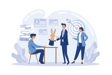 Marketing Trick and Business Magic. Businessman and Businesswoman Characters Perform Stunt with Rabbit and Top Hat to Potential Investor.