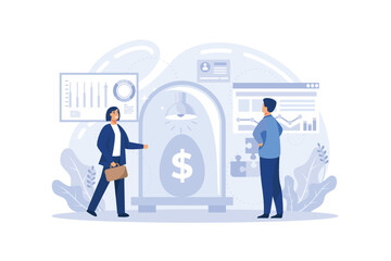 Business incubator.  Business people and investors supporting new businesses. Money and professional assistance for start up project.