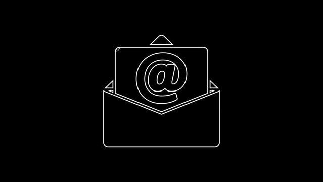 White line Mail and e-mail icon isolated on black background. Envelope symbol e-mail. Email message sign. 4K Video motion graphic animation