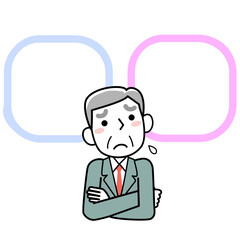 腕組みをして悩むシニアのビジネスマンとフキダシ