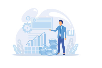 Money investing, financiers analyzing stock market profit. Portfolio income, capital gains income, royalties from investments concept.