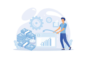 Money investing, financiers analyzing stock market profit. Portfolio income, capital gains income, royalties from investments concept.