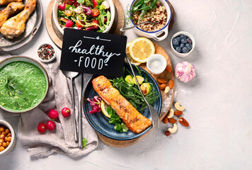 Healthy food assortment. Dieting concept.