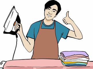 cartoon teenage boy happy with his smoothing ironing