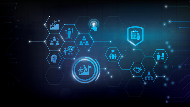 Leadership vector illustration. Banner with icons related to corporate company management