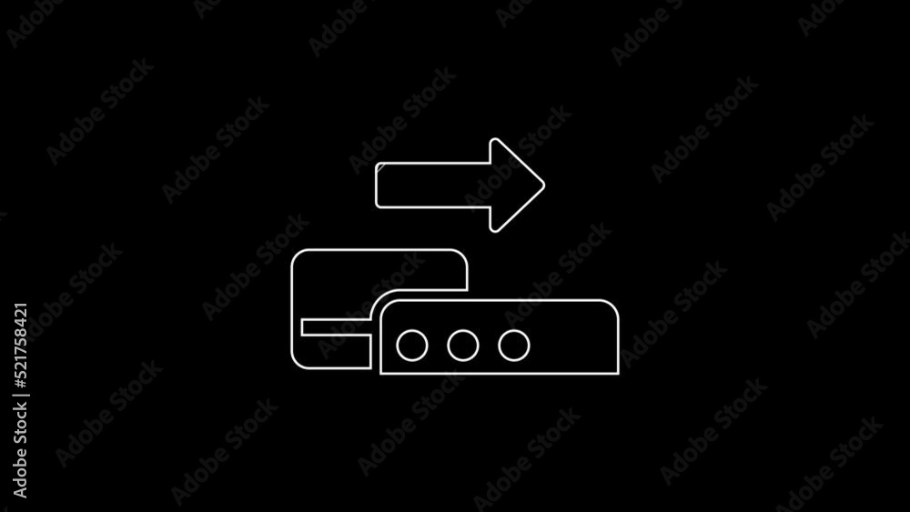 Poster white line pos terminal with inserted credit card icon isolated on black background. payment termina