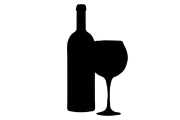 black wine bottle and glass icon, on white background