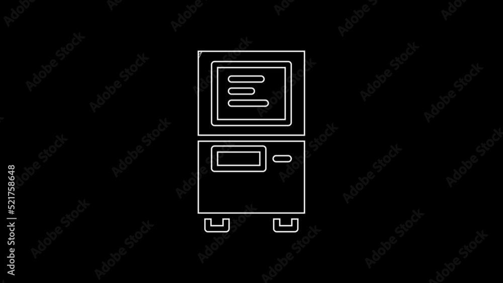 Poster white line atm - automated teller machine icon isolated on black background. 4k video motion graphic