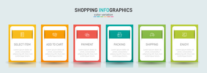 Concept of shopping process with 6 successive steps. Six colorful graphic elements. Timeline design for brochure, presentation, web site. Infographic design layout.