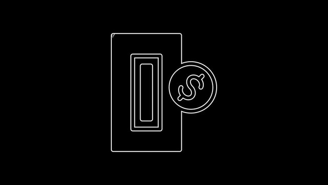 White line Hand inserting coin to a slot on a vending machine or arcade machine icon isolated on black background. 4K Video motion graphic animation