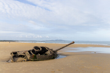 Ruined tank on the sand beach in Kinmen of Taiwan