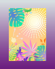 Vertical colorful poster for party invitation, editable template for social networks stories, modern design, brochure, seasonal sale, summer discount cards with tropical and palm leaves and flowers. 
