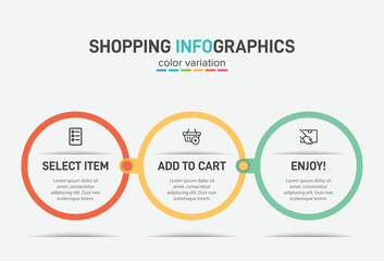Concept of shopping process with 3 successive steps. Three colorful graphic elements. Timeline design for brochure, presentation, web site. Infographic design layout.