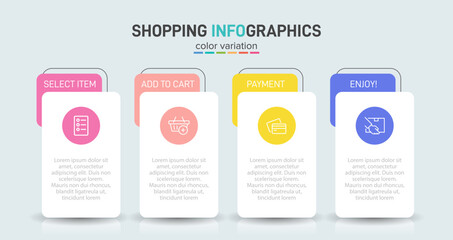 Concept of shopping process with 4 successive steps. Four colorful graphic elements. Timeline design for brochure, presentation, web site. Infographic design layout.