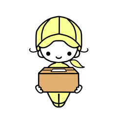 笑顔で荷物を運ぶ配達員女性、黄色の作業着