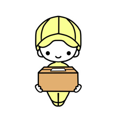 笑顔で荷物を運ぶ配達員ユニセックス、黄色の作業着