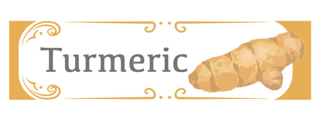 水彩風イラストを使ったターメリックのラベル素材。 ベクターイラスト。
