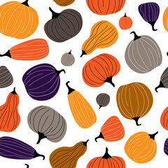 Seamless pattern with pumpkins of different shapes and colors. Autumn print for the Halloween holiday. Vector graphics.