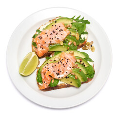 Freshly made Avocado, salmon and cream cheese toasts isolated on white background