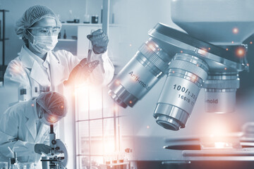 Double exposure microscope and Young woman scientific using equipment in the laboratory for research.Biotechnology,development,chemical,vaccine,COVID-19. Photo concept experimentation and research.