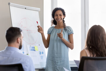 Millennial African businesswoman, business trainer or project leader make flip chart presentation for corporate staff members. Seminar participants listen to coach provide information during workshop