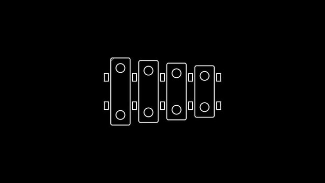 White line Xylophone - musical instrument with thirteen wooden bars and two percussion mallets icon isolated on black background. 4K Video motion graphic animation