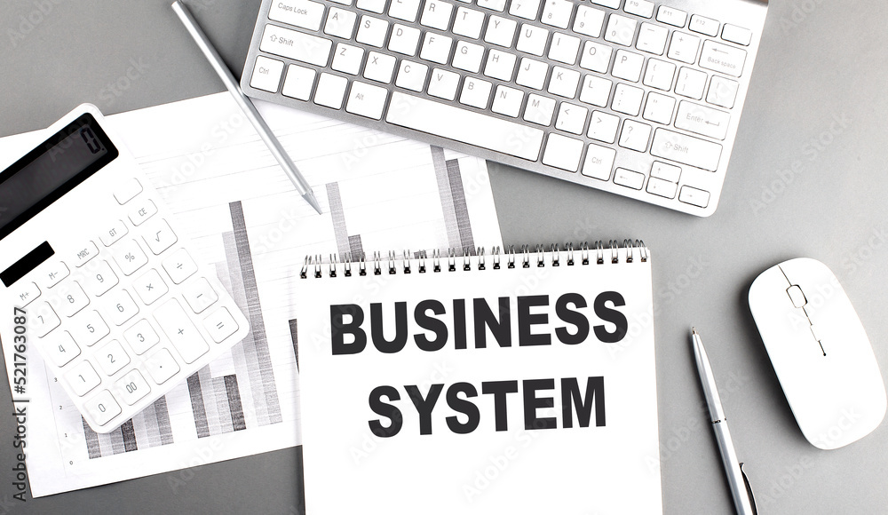 Poster business system text written on notebook on grey background with chart and keyboard , business conce