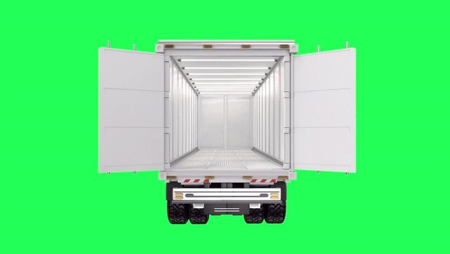 3d rendering logistic truck or lorry with empty container open on green screen 4k footage