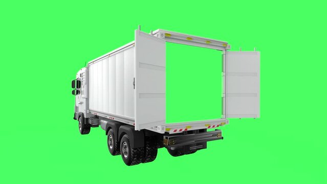 3d rendering logistic truck or lorry with empty container open on green screen 4k footage