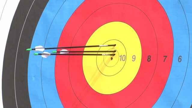 Successful concept, all gold arrows on target, archery sport. Arrow hit goal ring in archery target