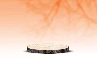 minimal round wood slice podium for product showcase over pink pastel background