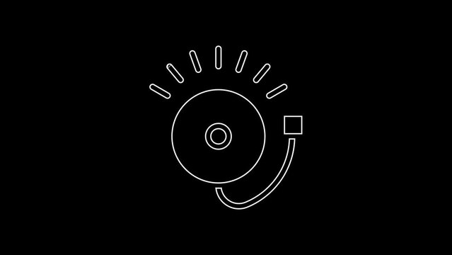 White line Ringing alarm bell icon isolated on black background. Fire alarm system. Service bell, handbell sign, notification symbol. 4K Video motion graphic animation