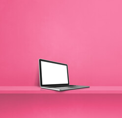 Laptop computer on pink shelf. Square background
