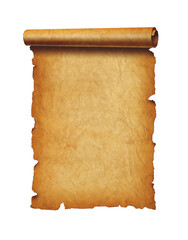 Old mediaeval paper sheet. Parchment scroll isolated on white
