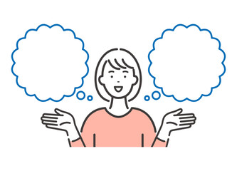 比較して提案する若い女性　空白の吹き出し