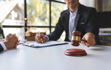 lawyer notary Male Notary lawyer or judge consult or discusses contract papers with Businessman client in office, Law and Legal services concept