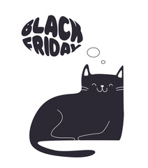 black funny cat thinking black friday on white background