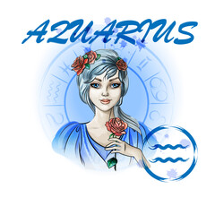 Zodiac sign Aquarius.Portrait of a lady with roses in the zodiac circle