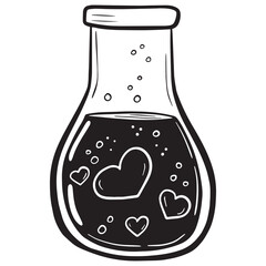 Vector doodle bottle of magic love potion. and drawn illustration. Hearts in jar