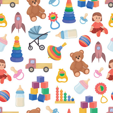 Children toys pattern. Seamless pattern with the image of toys such as a bear, a bundle, a car, cubes and also a pacifier rattle and a pyramid. Children s pattern vector illustration
