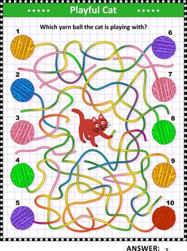 Maze game or visual puzzle with multicolor yarn clews: What yarn ball the red cat is playing with? Answer included.
