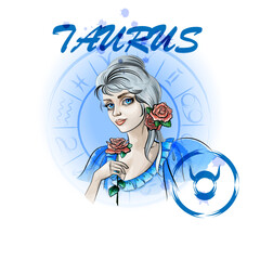 Zodiac sign Taurus.Portrait of a lady with roses in the zodiac circle